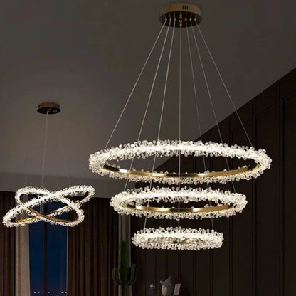 DecorBites™ Golden Round Crystal Chandelier | Nordic Luxury LED Halo Chandelier for Living Room