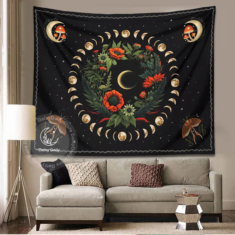 Decobites Moon Phase Flower Moth Tapestry: Psychedelic Floral Boho Wall Decor