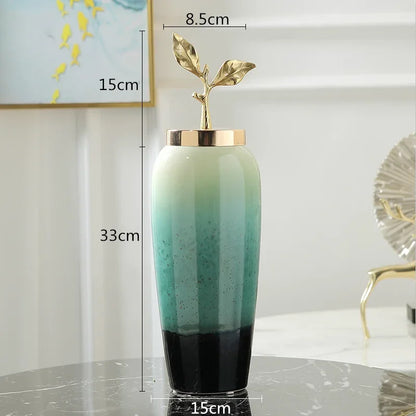 DecorBites™ Gradient Ceramic Vase with Golden Leaves Cover for Modern Home Decor and Weddings