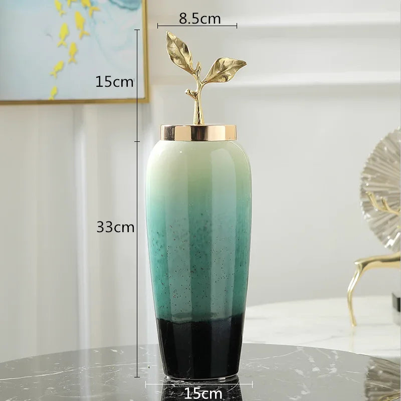 Jarrón Cerámico de Gradiente Decorbites™ con Tapa de Hojas Doradas para Decoración Moderna del Hogar y Bodas