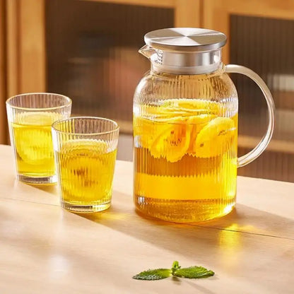 DecorBites™ Glass Cold Water Kettle Set: Transparent Stripe Design, Stainless Steel Lid, 1.6L Capacity