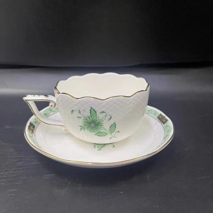 DecorBites™ Green Plant Patterns Ceramic Tea Cup Set with Spoon and Plate - Perfect for English Afternoon Tea Time