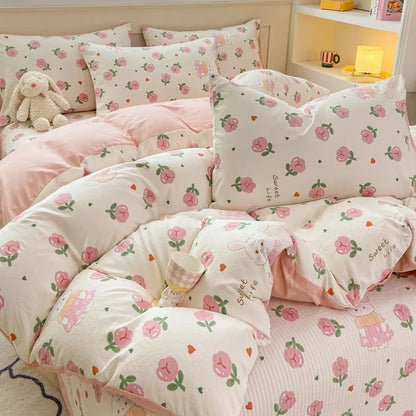 DecorBites™ Cartoon Cat Floral Duvet Set, Girls' Pink Bedding Collection
