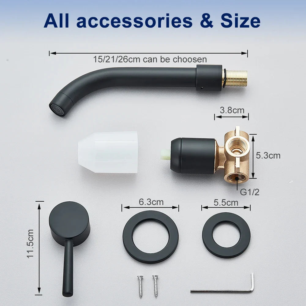 صنبور حوض ديكوربايتس™ الأسود المثبت على الحائط مع خلاط مياه ساخنة وباردة بمقبض واحد