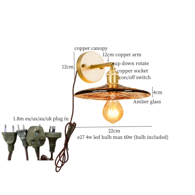 Amber Glass Wall Lamp Pull Chain Switch