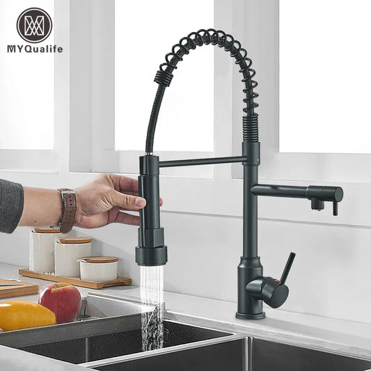 DecorBites™ Brass Kitchen Sink Faucet: Pull Down Dual Spout, 360 Rotation, Hot/Cold Mixer, 2 Modes