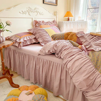 Decobites Vintage Cotton Double Layer Bedding Set with Ruffles & Pleat Details