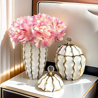 DecorBites™ Golden Checkmate Ceramic Pot Vase Wavy Gilt Storage Tank