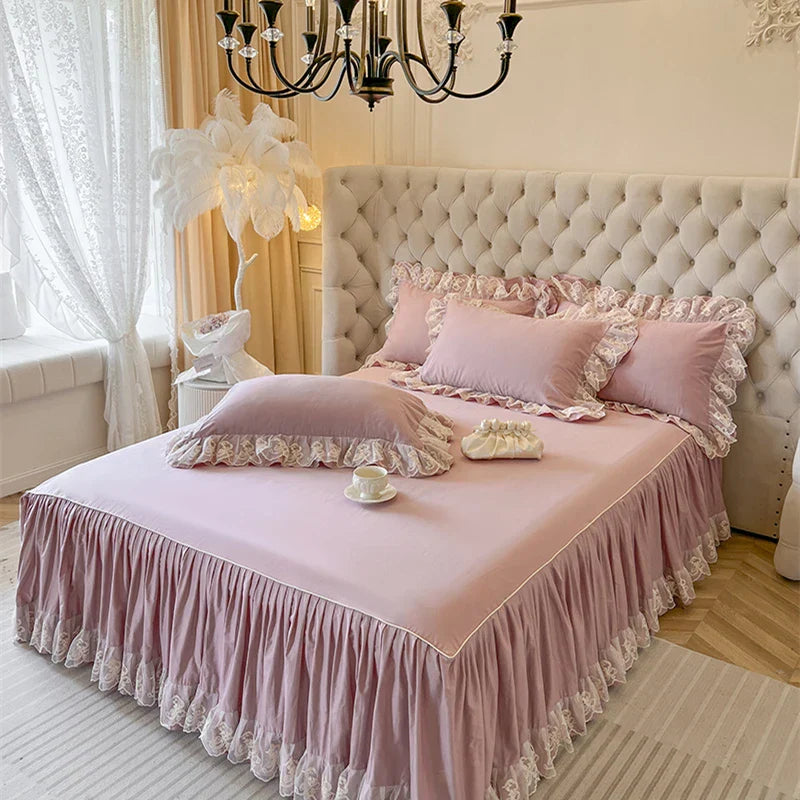 Decobites Korean Princess Lace Ruffles Bedding Set in Bean Paste Pink