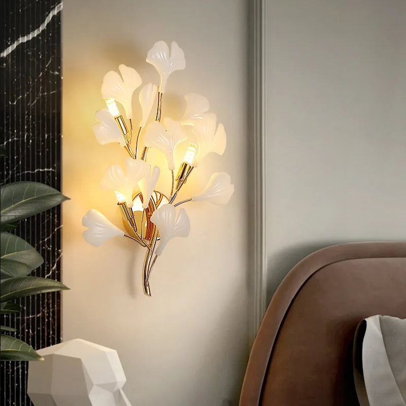 Decorbites™ Aplique de Pared LED Cerámico con Hoja, Lámpara Romántica para Dormitorio, Decoración Artística de Metal Dorado