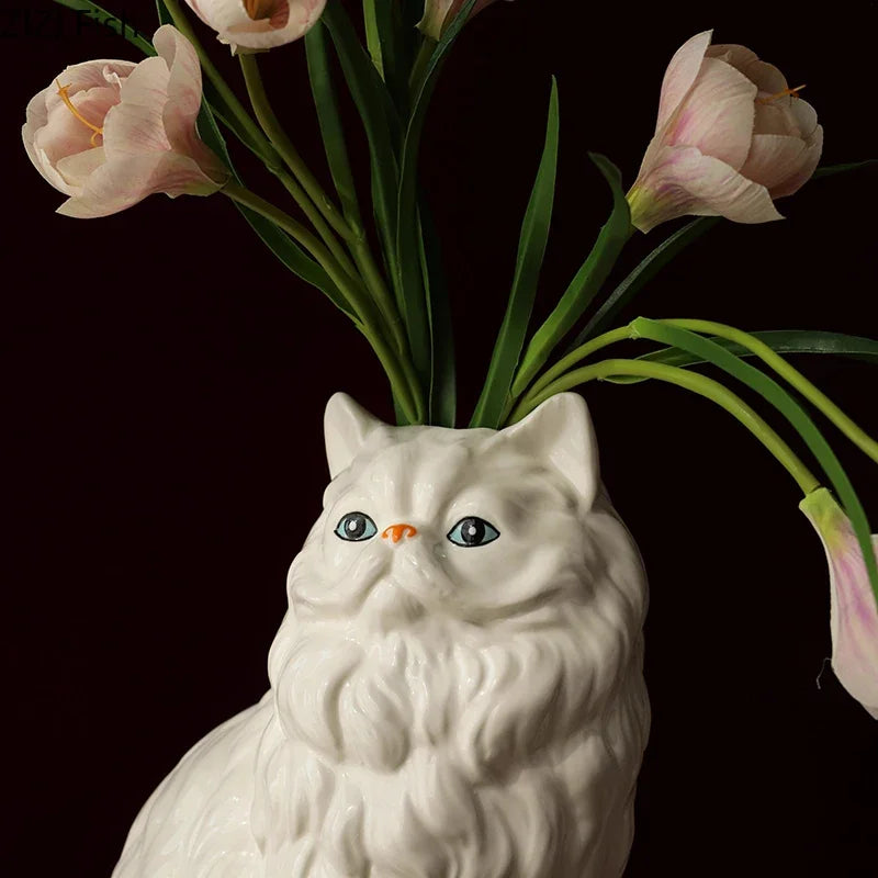 DecorBites™ Ceramic White Cat Vase for Desk Decor and Artificial Flowers Arrangement
