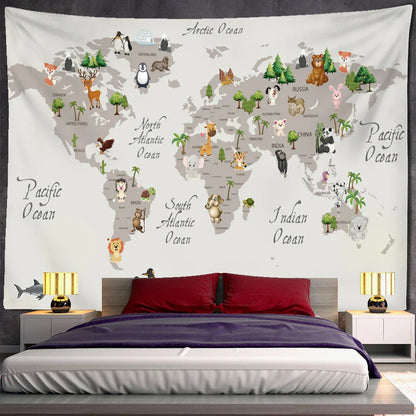 Decobites Cartoon Animals Map Tapestry Wall Hanging for Cute Children's Room Decor