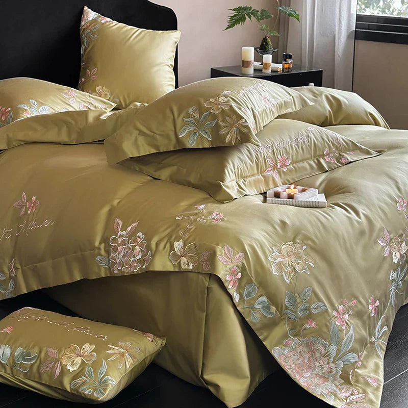 Decobites Cotton Flowers Embroidery Bedding Set: Full Queen King Sizes