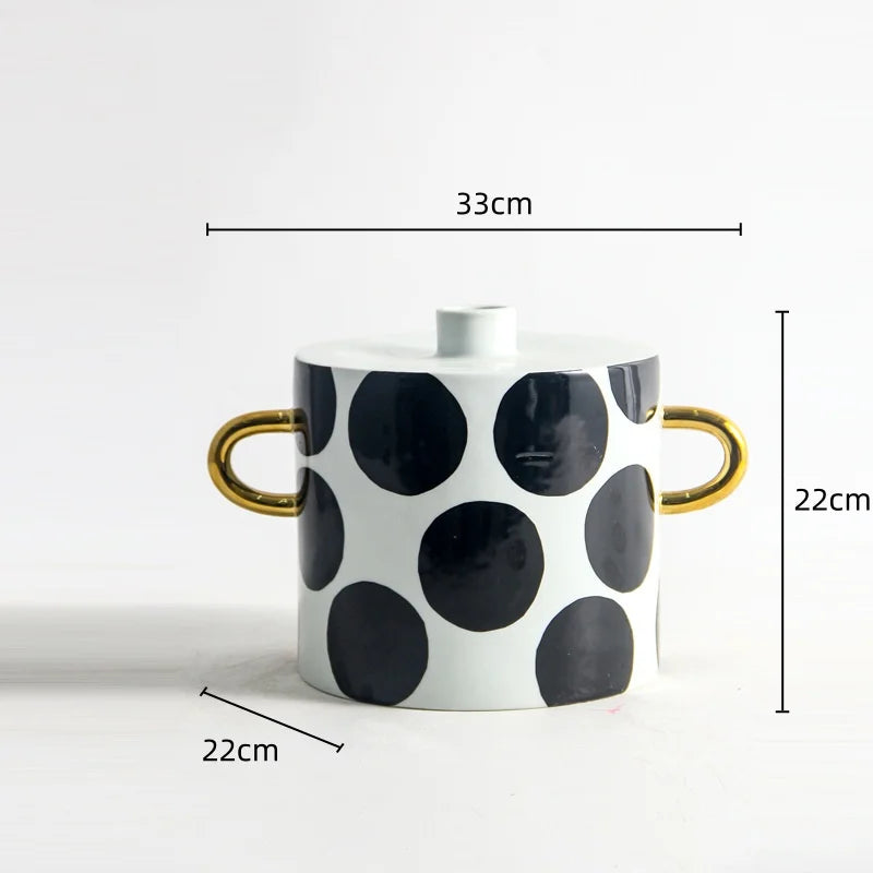 DecorBites™ Black and White Dots Geometric Ceramic Vase: Home Decoration Handicraft Ornament
