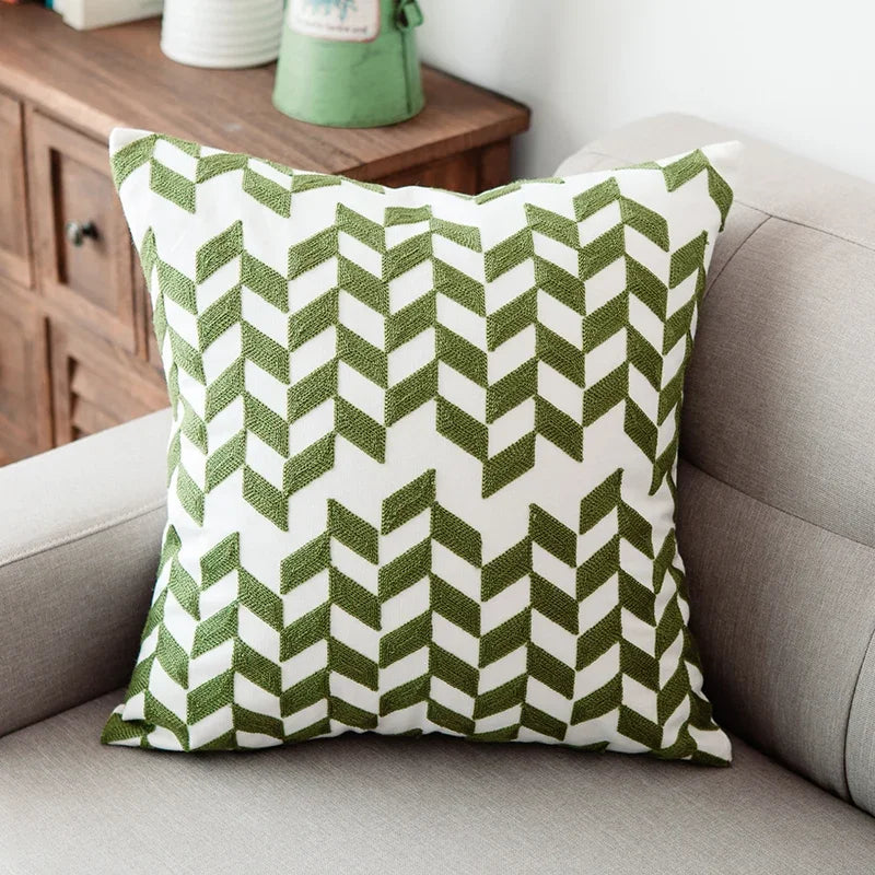 DecorBites™ Green Geometric Canvas Cotton Embroidered Cushion Cover 45x45cm