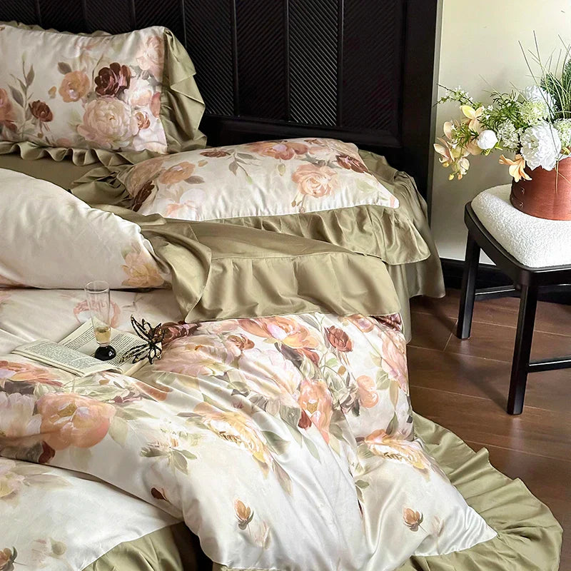 Decobites French Vintage Ruffles Bedding Set in Egyptian Cotton with Flowers Prints