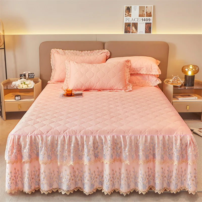 Decobites Cotton Lace Ruffles Quilted Bed Skirt Set with Pillowcases