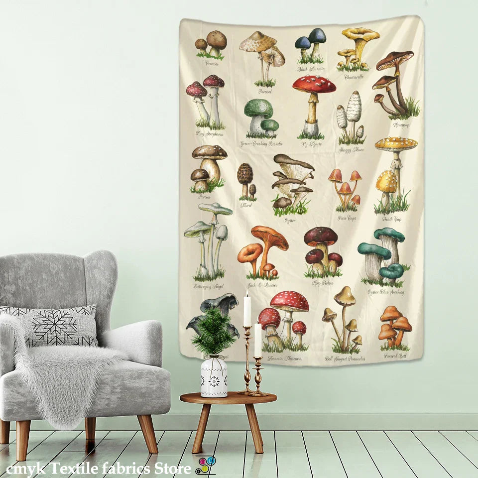 Mushroom Oil Painting Tapestry Wall Hanging by Decobites - Boho Tropical Plants Art