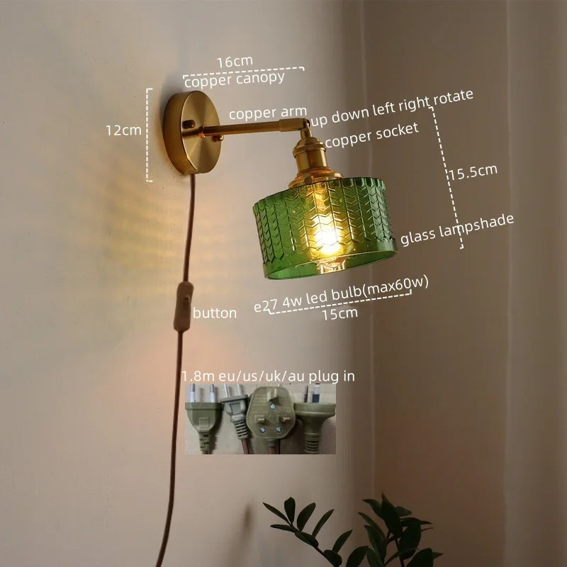DecorBites™ LED Glass Copper Wall Sconce Pull Chain Switch Lamp for Bedroom Living Room