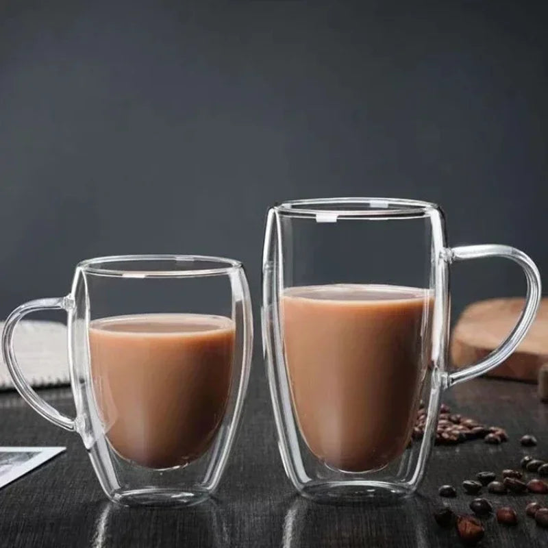 DecorBites™ Double Wall High Borosilicate Glass Mug with Handle, Heat Resistant Coffee Cup
