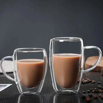 DecorBites™ Double Wall High Borosilicate Glass Mug with Handle, Heat Resistant Coffee Cup