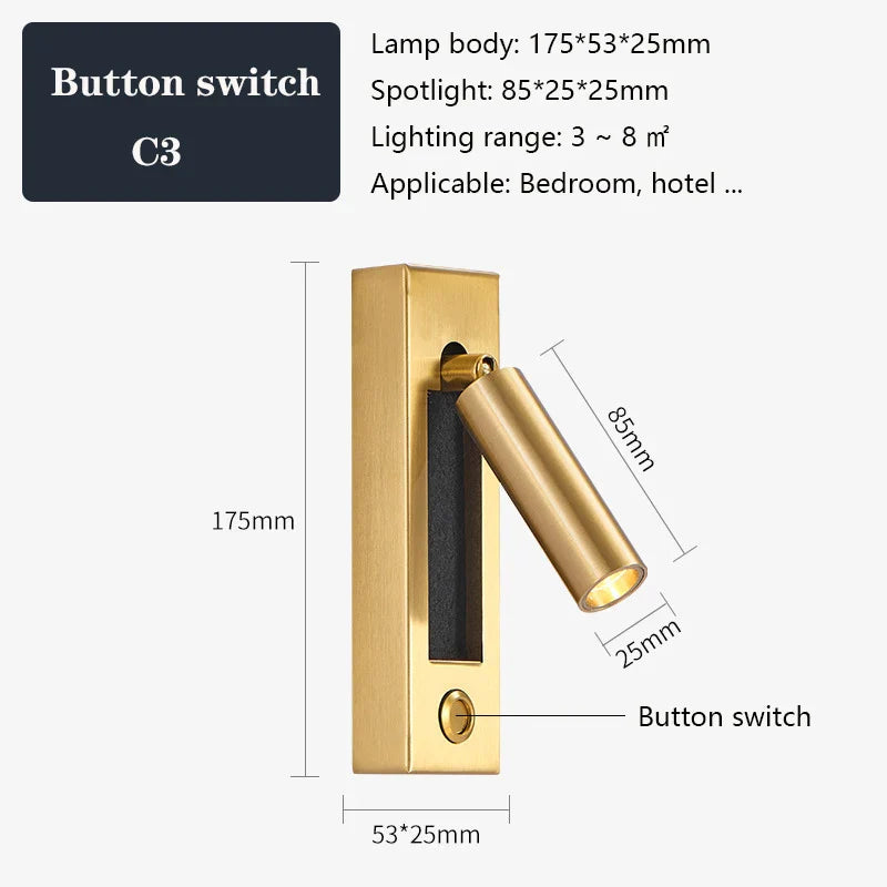 DecorBites™ Black Brass Wall Sconce with USB Port and Switch, 3W Spotlight for Bedroom