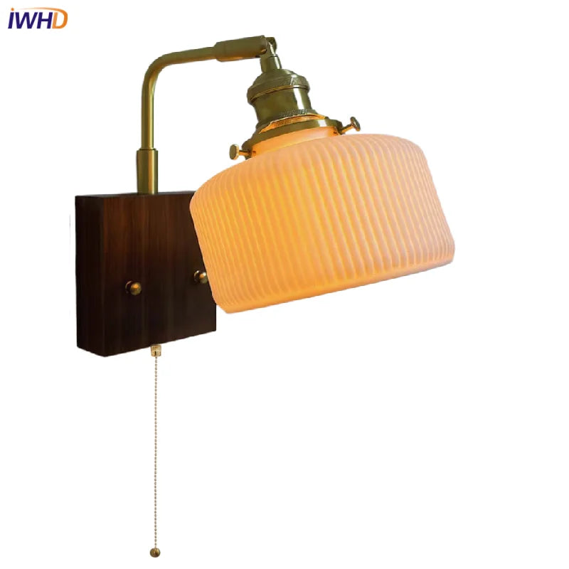 DecorBites™ Ceramic LED Wall Sconce with Walnut Wood Pull Chain Switch - Nordic Style