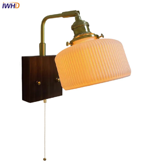 DecorBites™ Ceramic LED Wall Sconce with Walnut Wood Pull Chain Switch - Nordic Style