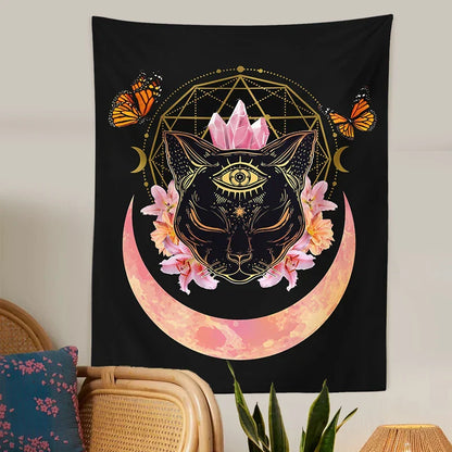 Decobites Cat Witch Moon Star Tapestry Wall Hanging - Trippy Psychedelic Wall Decor