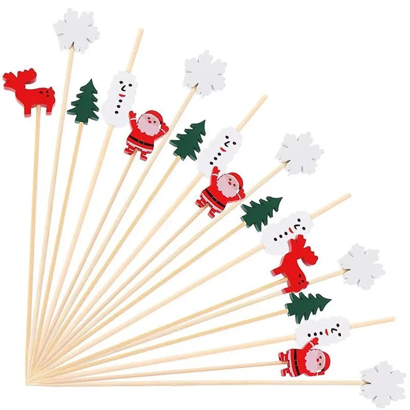 50/100Pcs Christmas Buffet Fruit Food Skewer Cocktail Picks Cupcake Topper 2024 Christmas Party Decor Supplies New Year 2025