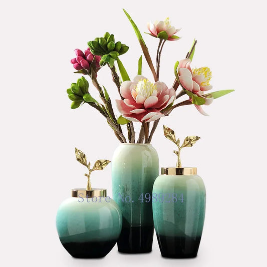 DecorBites™ Gradient Ceramic Vase with Golden Leaves Cover for Modern Home Decor and Weddings