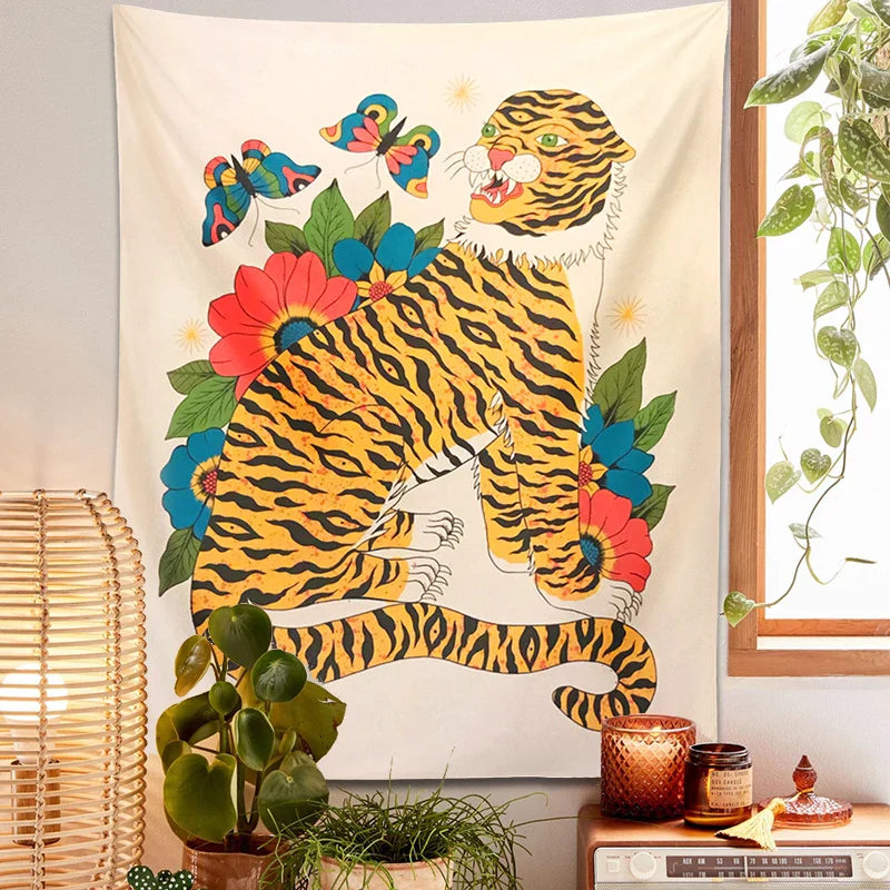 Decobites Tiger Tapestry: Hippie Boho Wall Hanging with Floral Butterfly, Psychedelic Animal Art