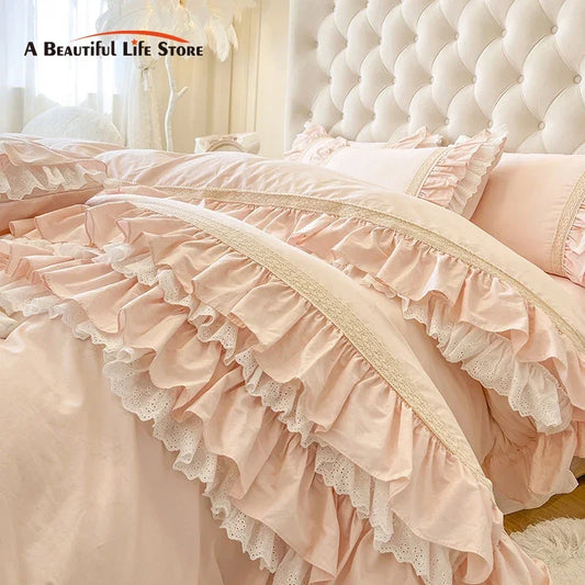 Decobites Pink Princess Lace Ruffles Bedding Set - 100% Cotton Double Layer Duvet Cover