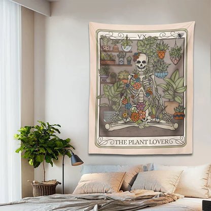 Decobites Plant Lover Tarot Card Tapestry | Botanical Skeleton Witch Wall Hanging