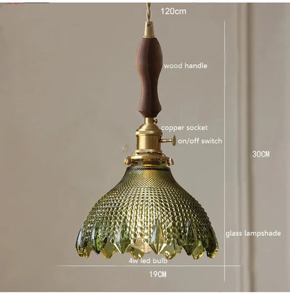 Korean Retro Glass Pendant Light With Wood Accent