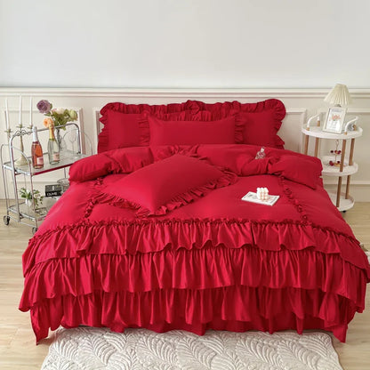 DecorBites™ Lace Ruffle Princess Bedding Set with Bed Skirt & Pillowcases