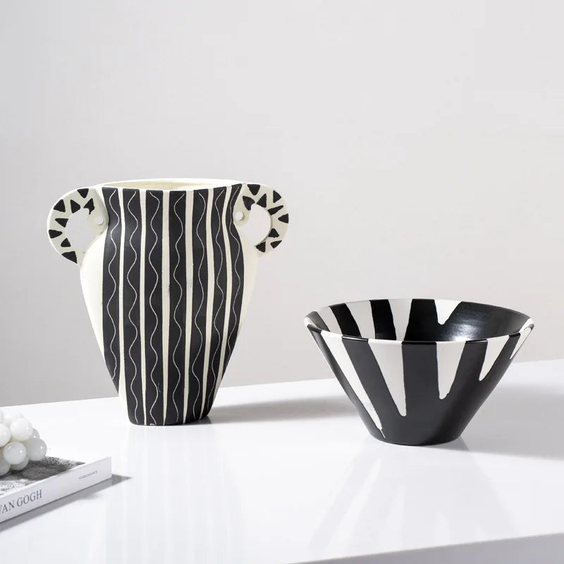 DecorBites™ Black Check Geometric Striped Ceramic Vase - Handcrafted Floral Arrangement Pot