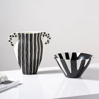 DecorBites™ Black Check Geometric Striped Ceramic Vase - Handcrafted Floral Arrangement Pot