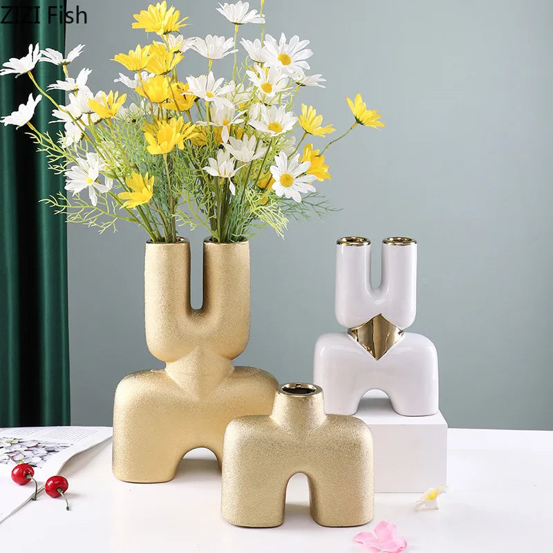 DecorBites™ Gold Geometry Ceramic Vase Desk Decoration Modern Floral Room Decor Vase