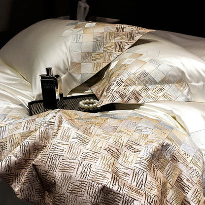 طقم مفروشات سرير فاخرة مطرزة من ديكوربايتس™، مكون من 4 قطع، باللون الأبيض اللؤلؤي/الرمادي، من قماش الساتان والقطن المزخرف