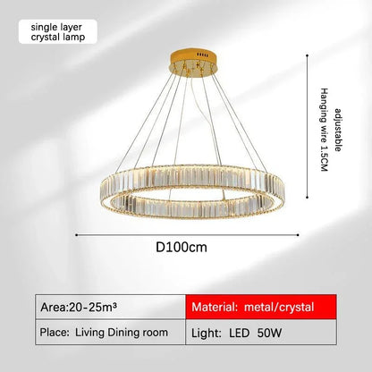 DecorBites™ Golden Crystal Chandelier: Nordic Modern Luxury LED Hanging Halo for Living Room