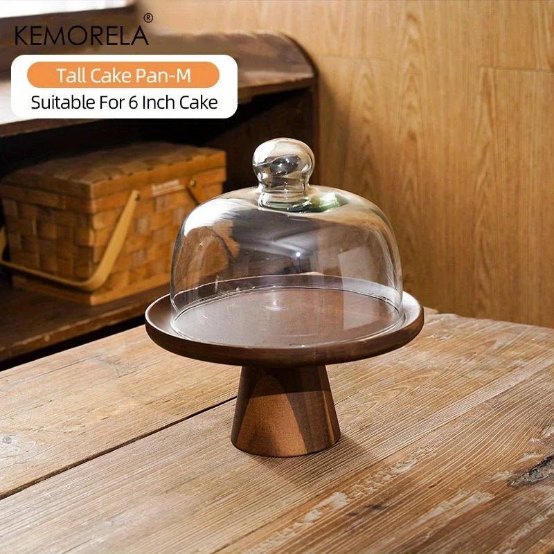 DecorBites™ Japanese Wooden Cake Tray with Glass Lid | Kitchen Food Storage Box
