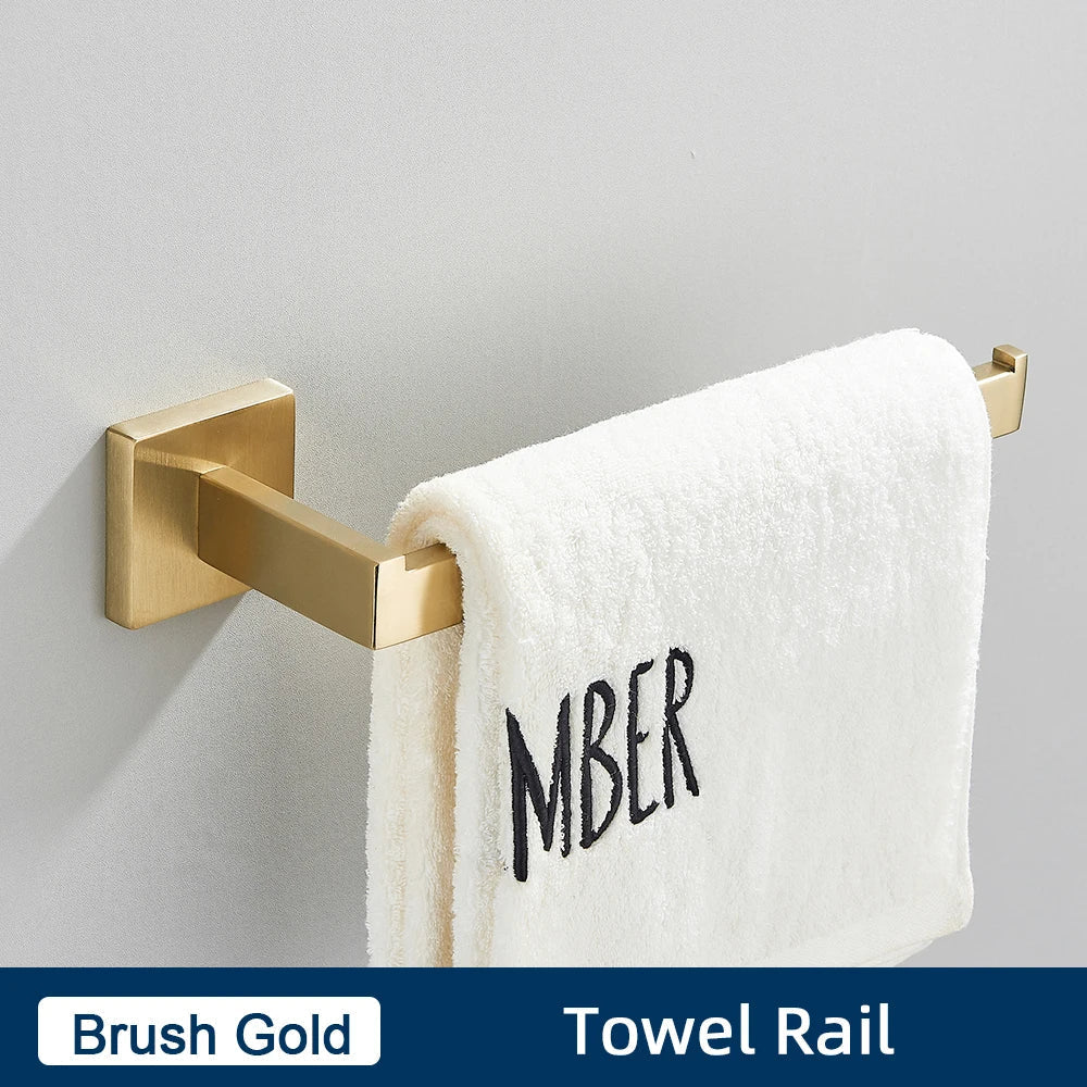 DecorBites™ Brushed Gold Stainless Steel Bathroom Accessories Set: Toilet Wall Towel Bar, Paper Holder, Hook