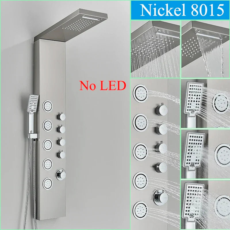 Panel de grifo de ducha DecorBites™ negro con LED, sistema de lluvia tipo cascada y caño de hidromasaje.