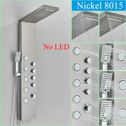 Panel de grifo de ducha DecorBites™ negro con LED, sistema de lluvia tipo cascada y caño de hidromasaje.