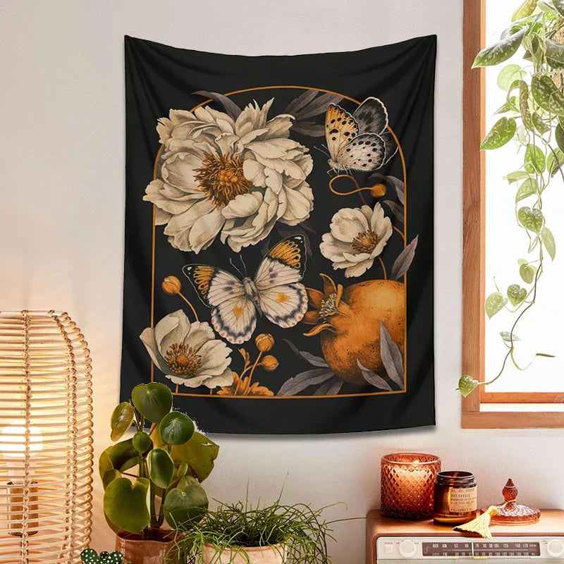 Decobites Butterfly Flower Tapestry Wall Hanging - Bohemian Botanical Celestial Floral Decor