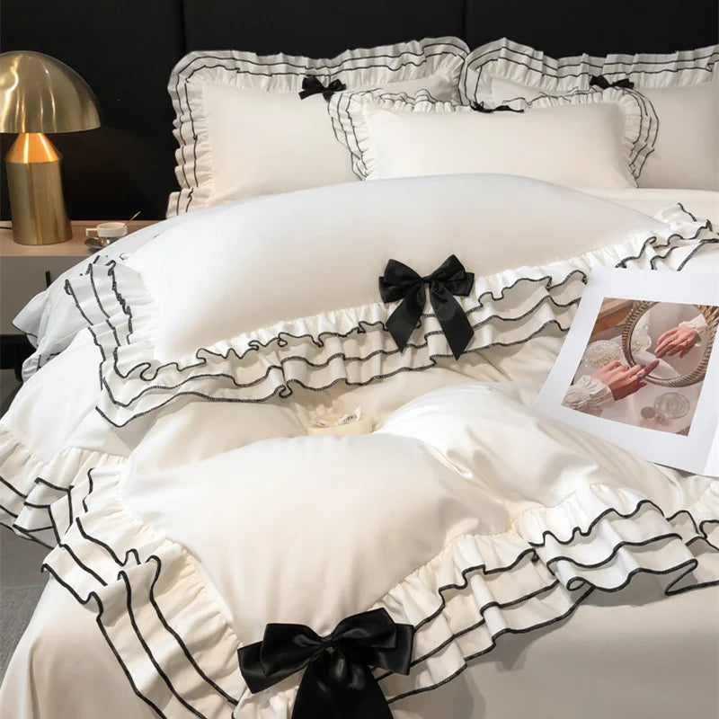 Decobites Korean Lace Ruffles Bedding Set with Black Bow Accent