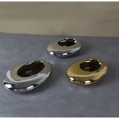 DecorBites™ Silver Cobblestone Ceramic Vase Geometric Oval Flower Pot Home Decor