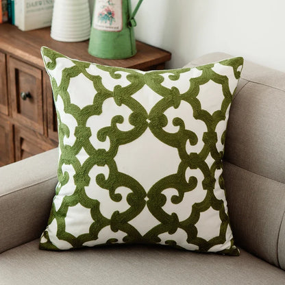 DecorBites™ Green Geometric Canvas Cotton Embroidered Cushion Cover 45x45cm