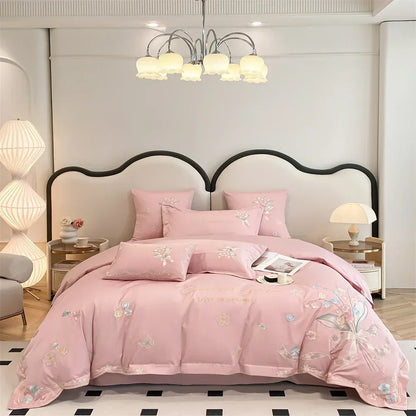 DecorBites™ Butterfly Flowers Embroidery Cotton Bedding Set, 4pcs King Queen Size.